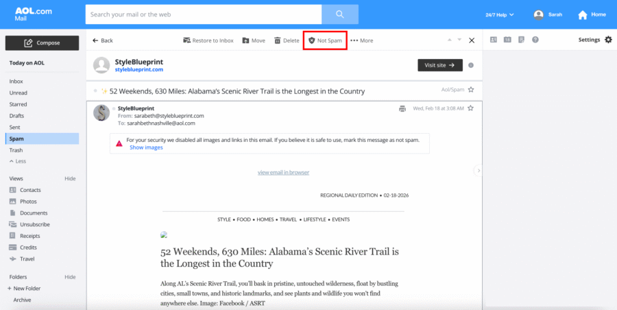 AOL Inbox Guide - 5 AOL Mail inbox open to the Spam folder, showing an email about Alabama's Scenic River Trail. The "Not Spam" button is highlighted, illustrating a simple AOL whitelisting step to improve AOL email deliverability.