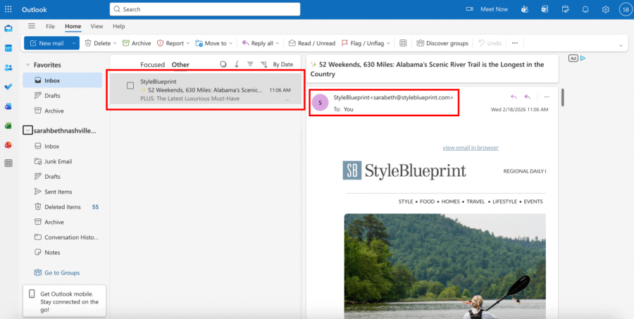 Outlook Inbox Guide - 1 Screenshot of an Outlook inbox with an email from StyleBlueprint highlighted; the message preview and content feature a scenic river trail article, serving as a guide for readers.
