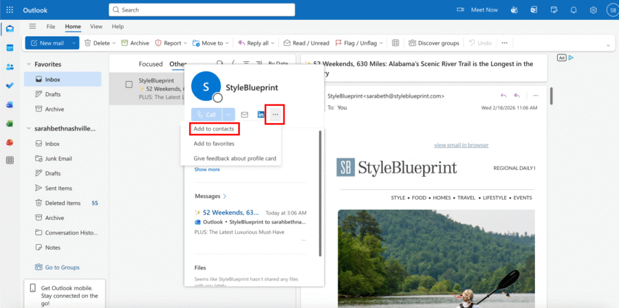Outlook Inbox Guide - 2 Screenshot of an Outlook inbox showing a contact dropdown menu for "StyleBlueprint," with "Add to contacts" highlighted in red—perfect for a whitelisting guide. An email newsletter is open in the reading pane.