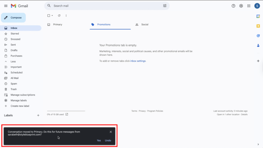 Gmail Inbox Guide - 3 Screenshot of a Gmail inbox with the Promotions tab selected, displaying a whitelisting notification that a conversation was moved to Primary, along with options to undo or confirm the action—a helpful guide for managing your emails.