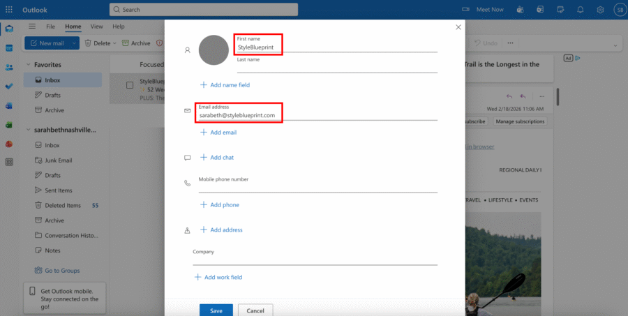 Outlook Inbox Guide - 3 Outlook account settings window showing the first name "Sybilleugint" and email address "sarabeth@sylbilleugint.com" highlighted in red boxes, as seen in an Outlook Whitelisting Guide.