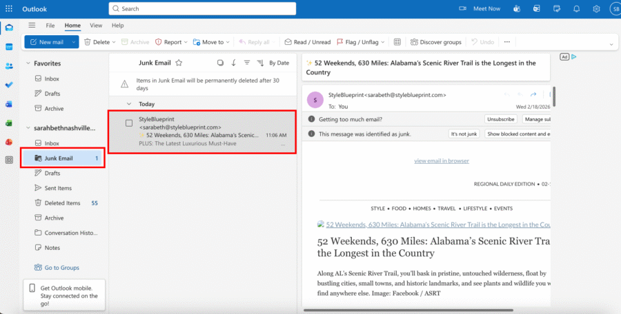 Outlook Inbox Guide - 4 Screenshot of an Outlook email inbox with the Junk Email folder open, displaying a promotional email about Alabama’s Scenic River Trail, along with a quick guide on whitelisting such messages for future delivery to your main inbox.