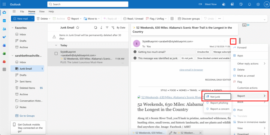 Outlook Inbox Guide - 5 A user follows this Outlook guide by opening an email in the Junk Email folder, right-clicking the message, and selecting “Not junk” to whitelist it and move it to their inbox.