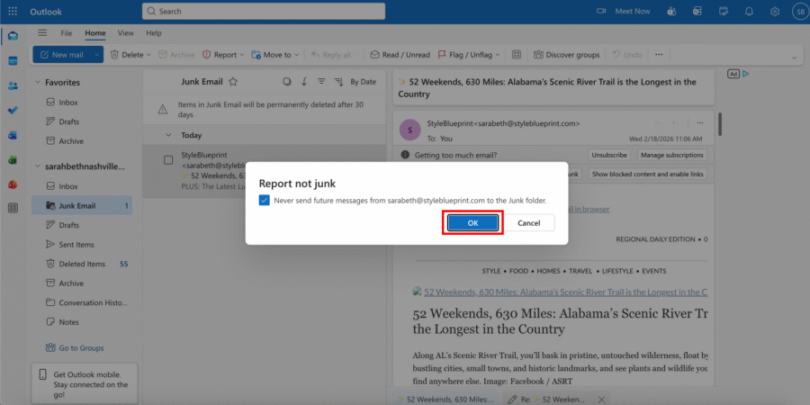 Outlook Inbox Guide - 6 A pop-up in Outlook confirms a message as "not junk" with the "OK" button highlighted, showing how whitelisting works while an email is open in the background.