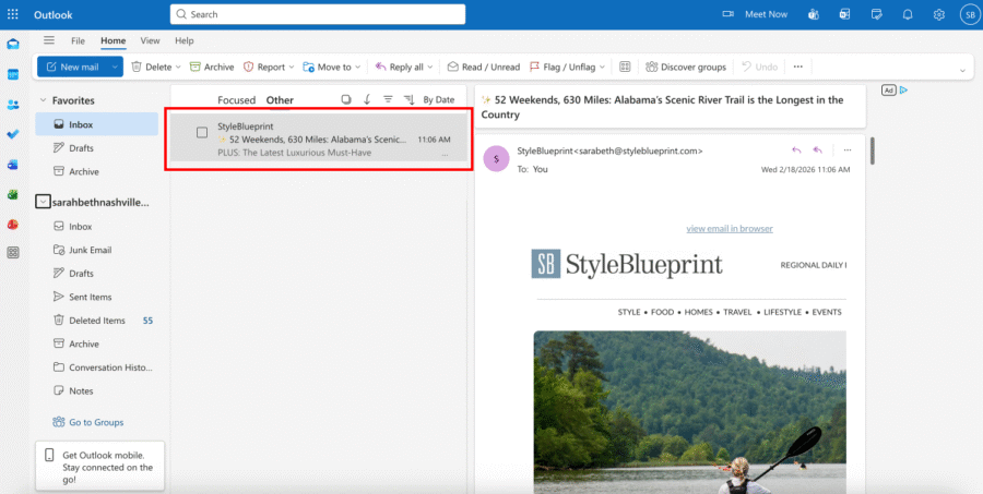 Outlook Inbox Guide - 7 Screenshot of an Outlook email inbox with a selected StyleBlueprint email highlighted, perfect for a quick guide on whitelisting important messages using the message preview panel.
