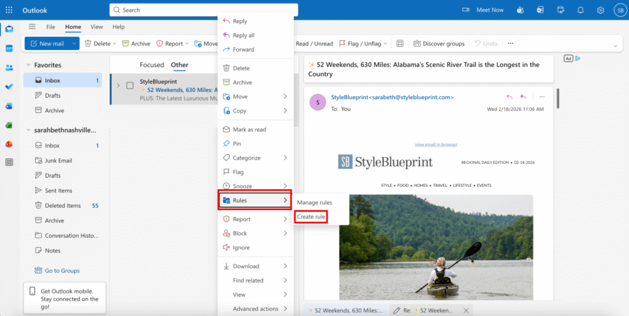Outlook Inbox Guide - 8 Screenshot of Microsoft Outlook with the “Rules” option highlighted in the context menu for an email, showcasing how to create an email whitelist. An email featuring a kayaking image is visible on the right.