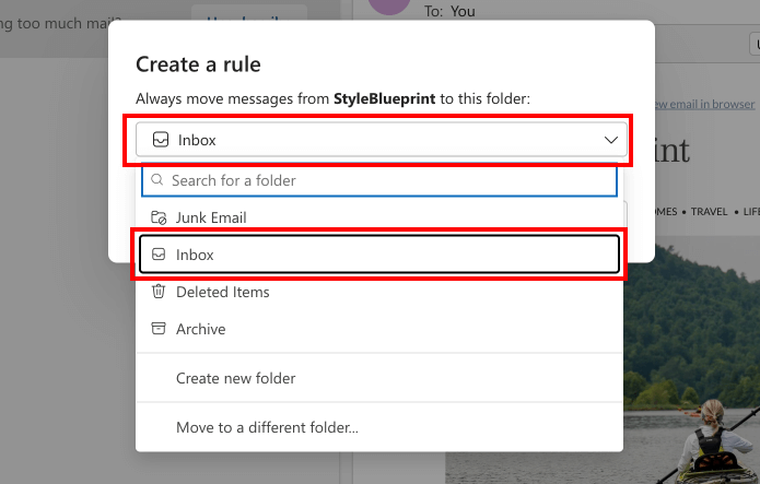 Outlook Inbox Guide - 9 A screenshot in Outlook showing a rule being created to always move messages from "StyleBlueprint" to the "Inbox" folder. The Guide highlights the "Inbox" folder in two places, illustrating effective whitelisting.