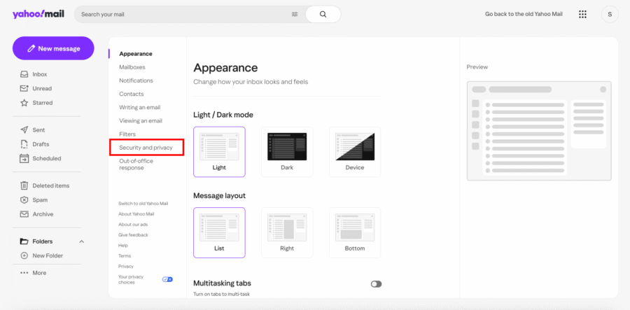 Yahoo! Inbox Guide - 7 Yahoo Mail settings page open to Appearance options, showing light and dark mode choices, message layout options, and a sidebar with "Security and privacy" highlighted—ideal for referencing the Yahoo Whitelisting Guide.