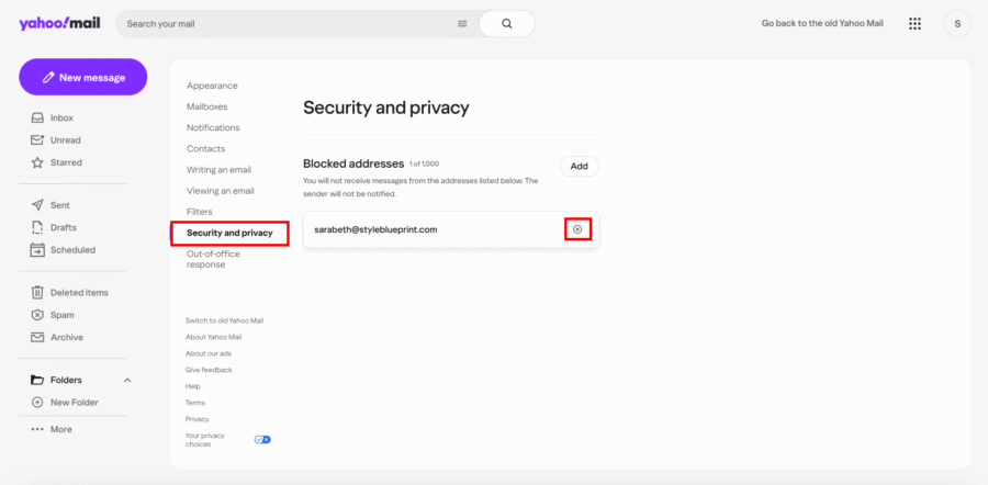 Yahoo! Inbox Guide - 8 Yahoo Mail security and privacy settings page showing a blocked email address, an option to remove it, and the "Security and privacy" menu highlighted—perfect for following a Yahoo Whitelisting Guide.