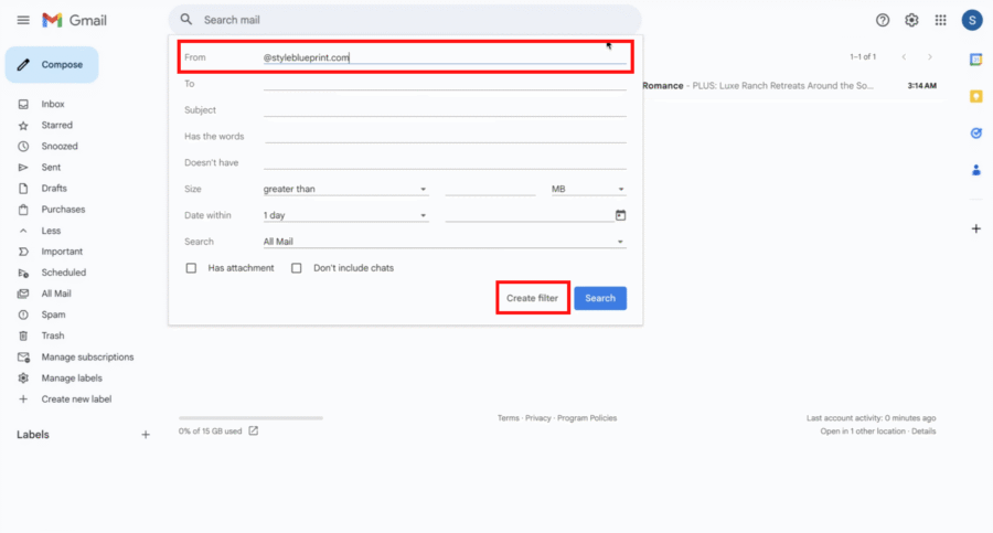 Gmail Inbox Guide - 6 Gmail filter setup screen with “From” field filled, showing whitelisting options to refine emails and a “Create filter” button highlighted for an easy guide.