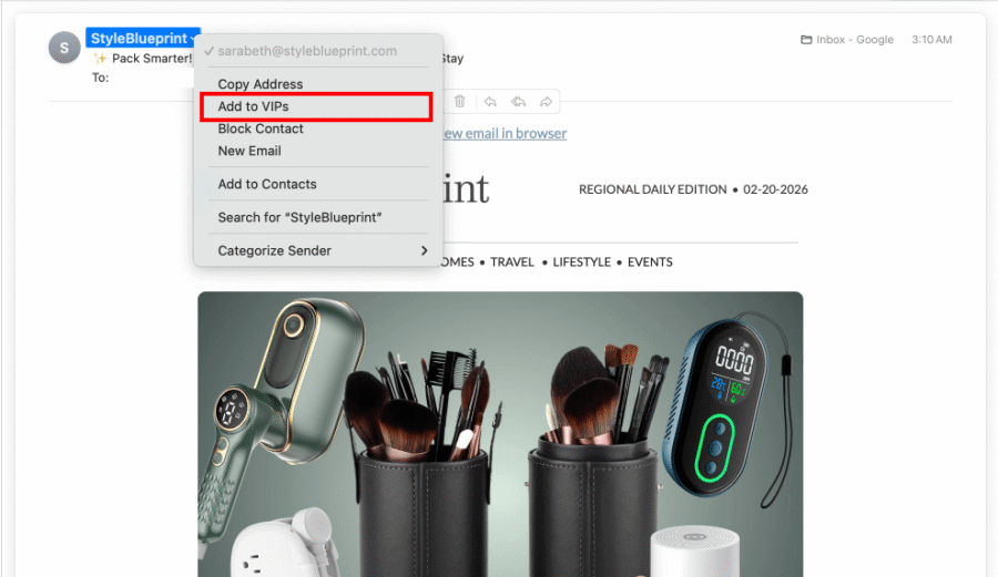 An email interface shows a right-click menu over the sender's address with "Add to VIPs" highlighted; beauty products and a glucose meter are displayed in the email content below.