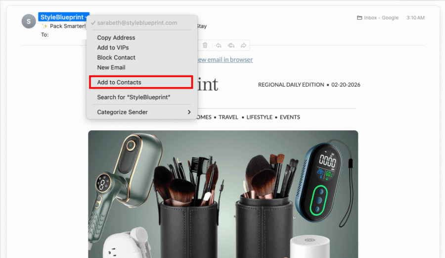 An email interface shows the "Add to Contacts" option highlighted in a dropdown menu, with beauty products and gadgets displayed in the message body below.