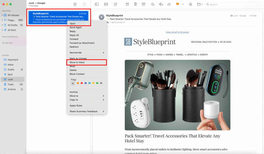 An email app is open showing a StyleBlueprint message. The user right-clicked the email and selected "Move to Inbox" from the dropdown menu, following a guide for iCloud Mail whitelisting. Travel accessories are displayed in the email preview.