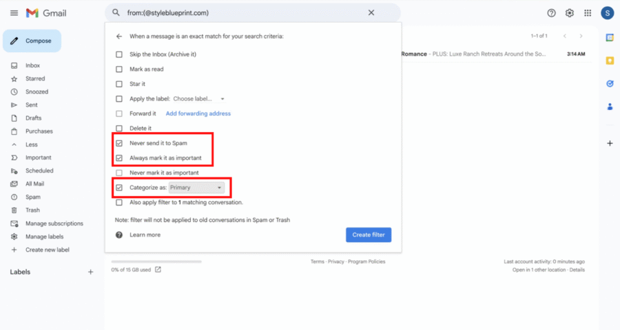 Gmail Inbox Guide - 7 Gmail filter settings window showcasing whitelisting options like "Never send it to Spam," "Always mark it as important," "Categorize as: Primary," and a highlighted "Create filter" button—your guide to managing email delivery.