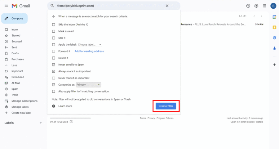 Gmail Inbox Guide - 8 Gmail filter settings are shown for messages from a specific email address, with the "Create filter" button highlighted in blue at the bottom, serving as a visual guide for whitelisting desired contacts.
