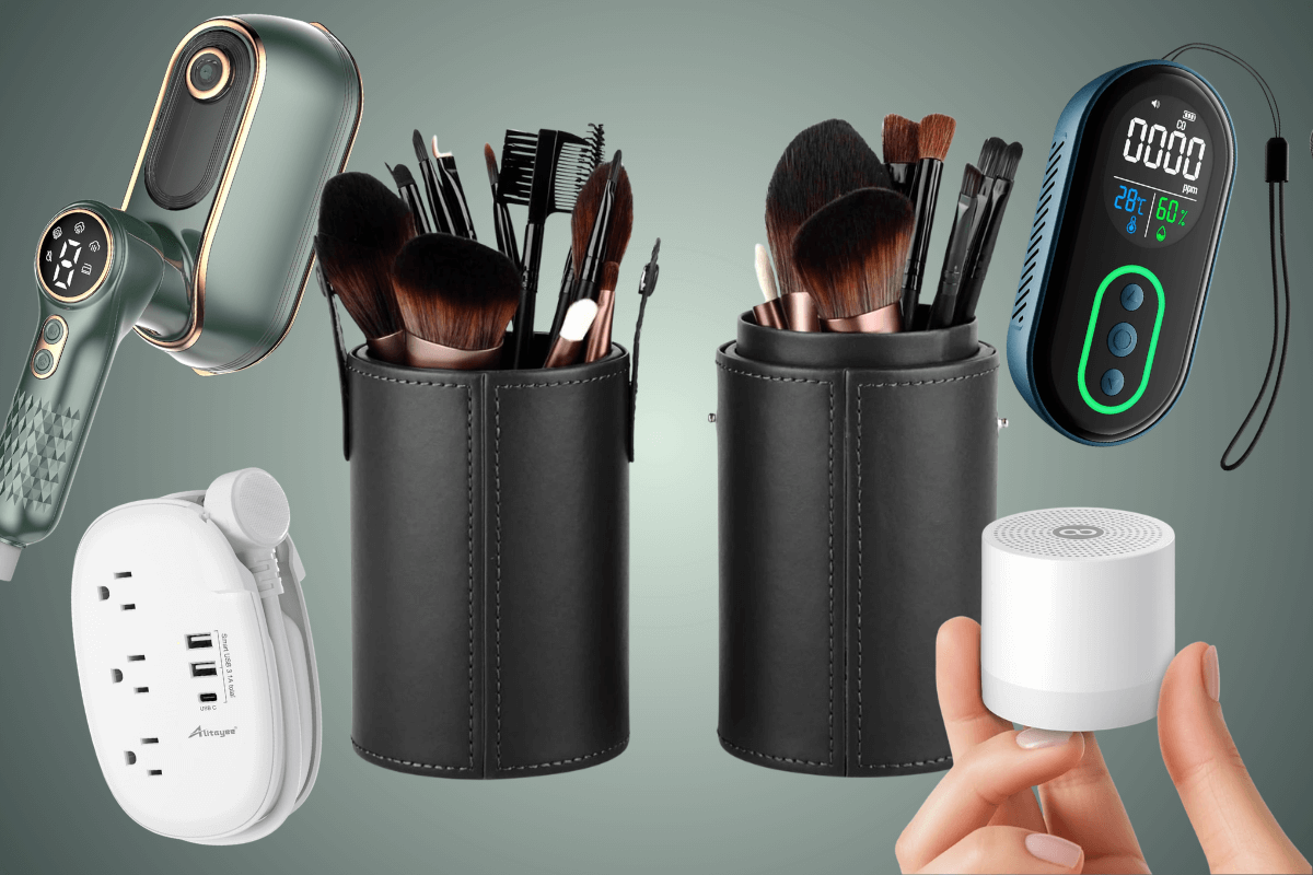 A collection of electronic devices and two sets of makeup brushes in black holders, perfect travel accessories to help you pack smarter, displayed against a gradient background.