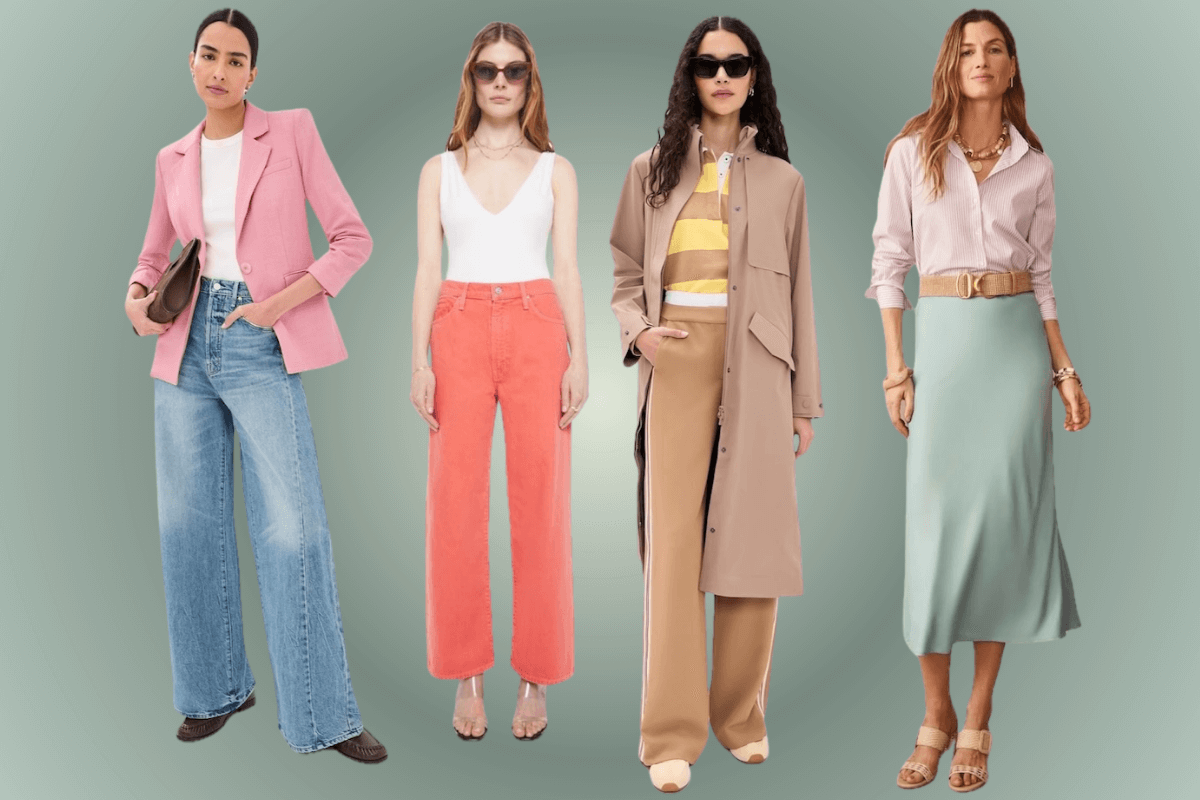 Four women stand side by side in spring 2026 fashion trends: wide-leg jeans with a pink blazer, coral pants with a white tank, tan trousers and a trench coat, and a green skirt paired with a beige top.