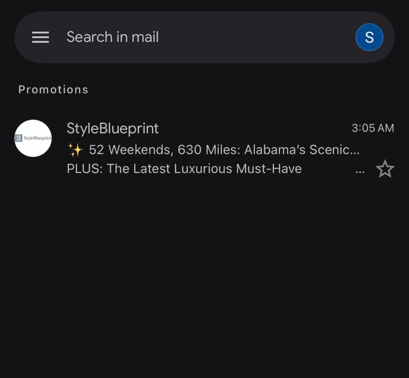 Gmail Inbox Guide - 4 A Gmail inbox screen displays one promotional email from StyleBlueprint—your guide to Alabama’s scenic drives and luxury must-haves—received at 3:05 AM. Whitelisting ensures future guides land right in your inbox.
