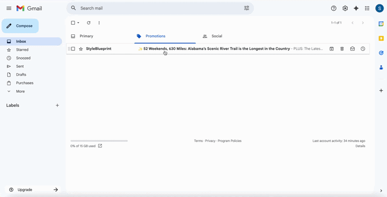Gmail Inbox Guide - 2 A Gmail inbox shows one unread email in the Promotions tab, with the subject "52 Weekends, 400 Miles: Alabama’s Scenic River Trail is the Longest in the Country," highlighting tips for Gmail whitelisting to improve your email deliverability.