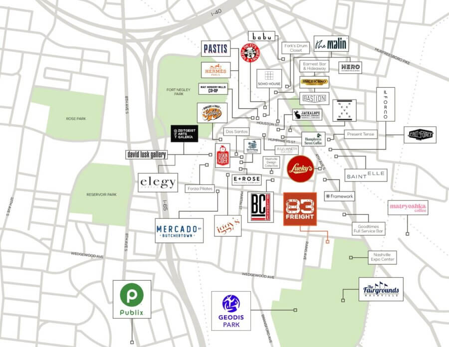A map showing the locations of various restaurants, galleries, businesses, and landmarks in a Nashville TN neighborhood, including Publix, Geodis Park, several dining establishments, and nearby 2140 Byrum Ave.