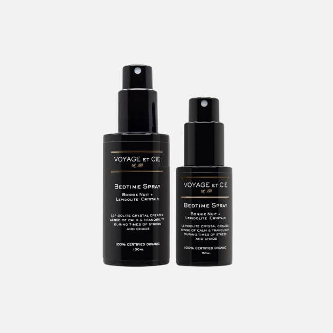 17 Springy Birmingham FINDS! - 14 Two black bottles of VOYAGE ET CIE Bedtime Spray with white text, one 100ml and one 50ml, stand upright on a plain white background—perfect FINDS for refreshing your spring routine or bringing tranquility to your Birmingham nights.