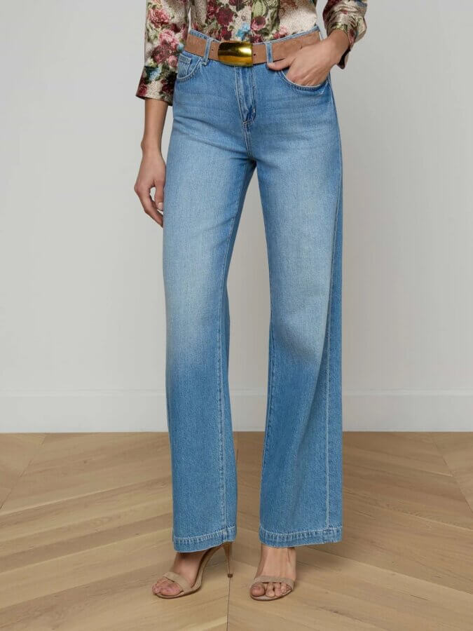 18 Nashville FINDS We're Loving This Month - 4 A person wearing light blue high-waisted, wide-leg jeans, a floral top, and heeled sandals stands on a wood floor—an effortless style perfect for your FINDS Draft picks for March 2026.