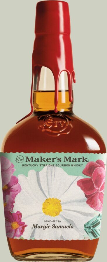 Meet the Visionary Behind Maker’s Mark: Margie Samuels - 4 A bottle of Maker’s Mark Kentucky Straight Bourbon Whisky with a floral label, iconic red wax seal, and text honoring visionary Margie Samuels.