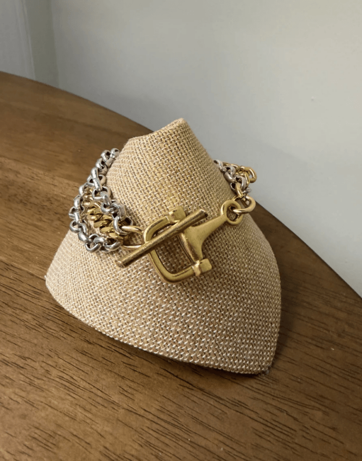 16 Louisville FINDS for April: Spring Style, Derby-Ready Decor & Must-Have Gifts - 6 A two-tone chain necklace with a gold toggle clasp, a perfect Spring find, displayed on a beige fabric-covered stand atop a wooden surface in Louisville.