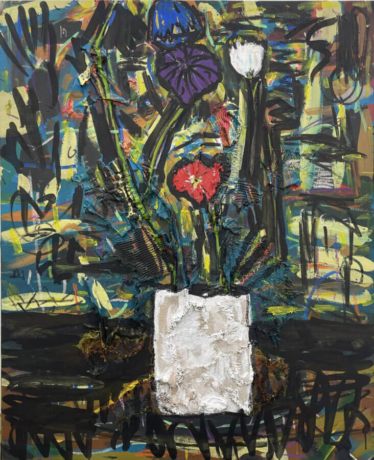 7 Memphis Galleries Exhibiting at Art by Design 2026 - 4 Abstract painting of a white vase holding vibrant, textured flowers with bold red, purple, and white petals against a multicolored, chaotic background—featured in the Art by Design 2026 art exhibition at Memphis galleries.