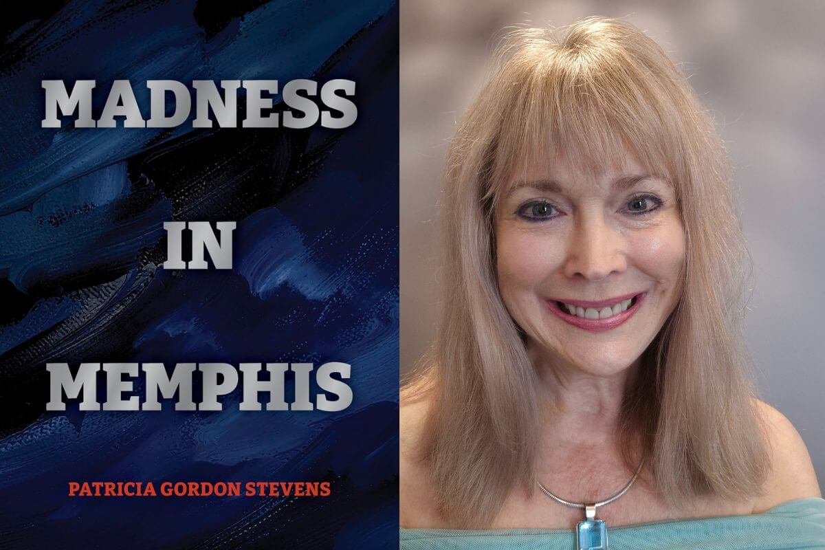 Book cover for "Madness in Memphis" by Patricia Gordon is shown next to a smiling woman with light blonde hair, wearing a turquoise top and pendant necklace.
