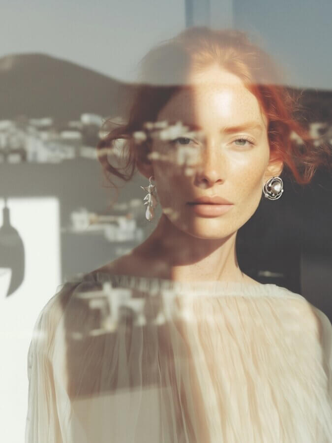 Nashville Steals, Deals & Announcements: April 2026 - 10 A woman with red hair and earrings stands behind glass, with reflections of buildings and sunlight casting shadows across her face—capturing the vibrant energy often found in Nashville Deals.