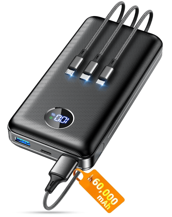 12 In-Flight Plane Accessories You Need - 11 Black portable power bank with textured surface, built-in digital display, three attached charging cables, and a tag showing 60,000mAh battery capacity—an ideal choice for plane accessories and travel convenience.
