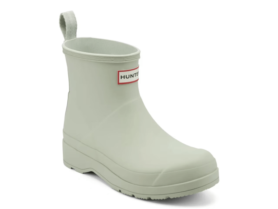 A single light grey ankle-height rubber rain boot with a pull tab and a "Hunter" logo label on the front—perfect for pairing with chic rainwear during April showers.