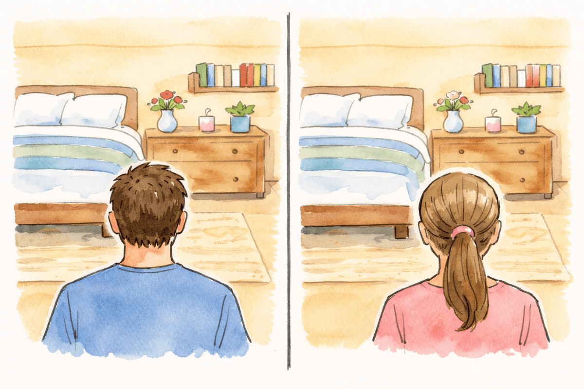 Side-by-side images of a man and a woman, each seen from behind, admiring the tidiness of the same neatly arranged bedroom with a bed, nightstand, and plants.