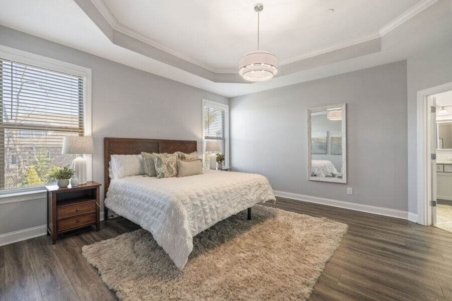 Just Listed! This Nolensville Home is Ready for Summer Entertaining - 10 A modern Nolensville Home bedroom with a large bed, wooden nightstand, shaggy rug, large mirror, and two windows; light gray walls and wood flooring—perfect for relaxing after summer entertaining.