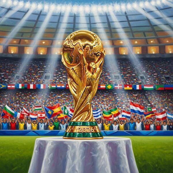 The Southerner's Guide to the 2026 World Cup - 2 The FIFA World Cup trophy labeled "2026" is displayed on a podium in a stadium, with a vibrant crowd holding various national flags and celebrating the world cup spirit in the background.