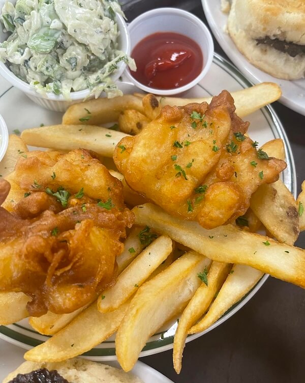 The Best Irish Pubs in Nashville - 3 Plate of fried fish on top of French fries, with coleslaw and ketchup on the side—just like the classic comfort food you’ll find at Irish pubs in Nashville. A sandwich is partially visible in the background.