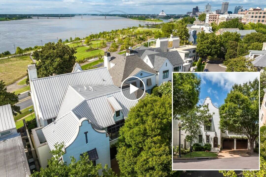Aerial view of white homes near a river in Memphis, with a bridge and city skyline in the background; inset shows the front of one home on Magnolia Mound Dr with trees and a driveway.
