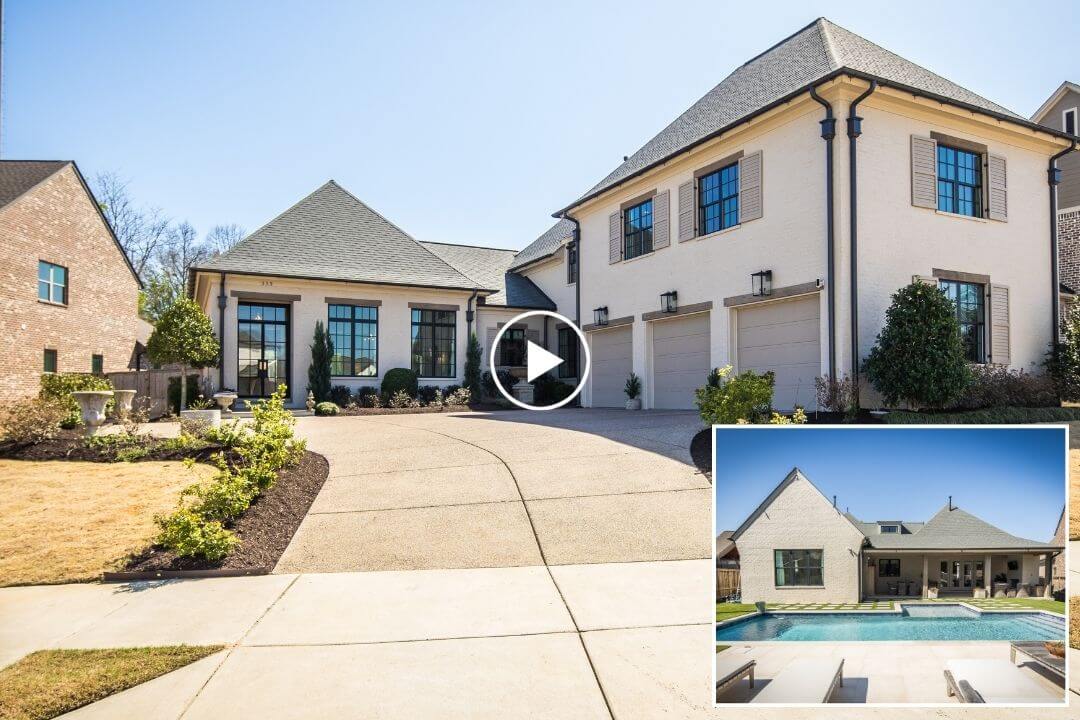 A two-story beige house at 353 Bubby Dr in Collierville features a three-car garage, manicured landscaping, and a spacious driveway; inset shows a backyard with a pool and covered patio.
