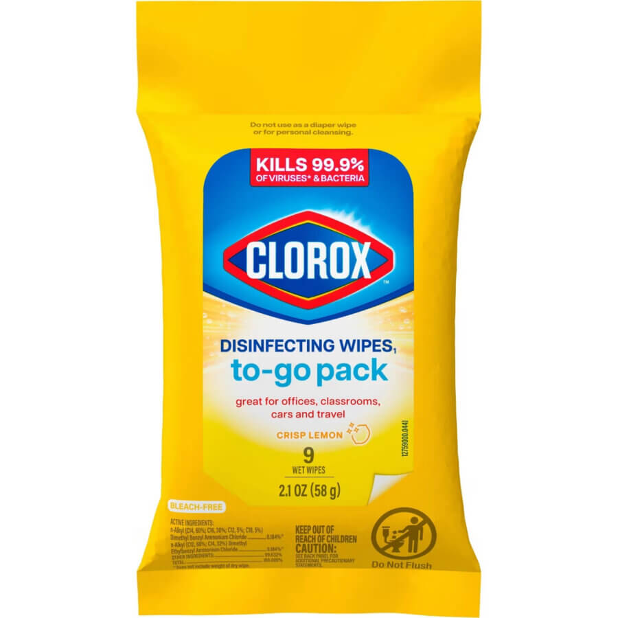 12 In-Flight Plane Accessories You Need - 12 A yellow pack of Clorox disinfecting wipes, to-go size, crisp lemon scent, labeled to kill 99.9% of viruses and bacteria—perfect plane accessories containing 9 wet wipes.