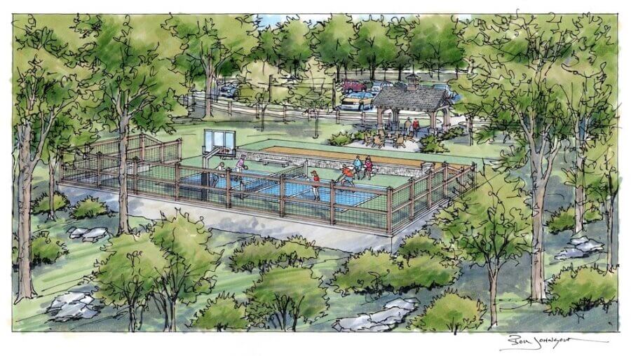 Inside The Arbors: A Rare Opportunity in Leiper's Fork - 6 Illustration of a fenced outdoor pickleball court in The Arbors park setting, with players on the court, trees, a small pavilion, picnic tables, and parked cars in the background.