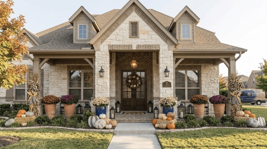 A stone house with charming front porch decor, featuring pumpkins, potted mums, cornstalks, and a festive wreath on the door for autumn.