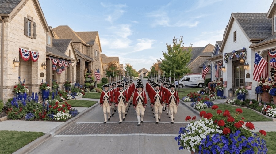 A group of people in colonial-era military uniforms march down a suburban street decorated with American flags, patriotic bunting, and festive front porch decor.