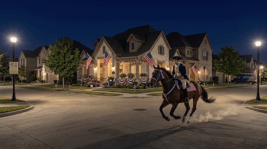 A person in historical attire rides a horse at night past houses with American flags, patriotic bunting, and festive front porch decor on a suburban street.