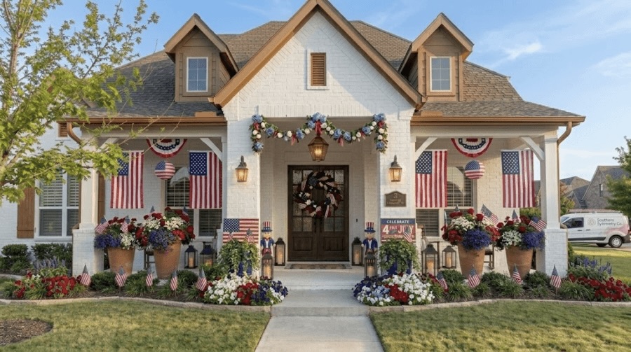 A house decorated with American flags, bunting, and patriotic wreaths features charming front porch decor, with potted plants and flowers lining the walkway and porch.