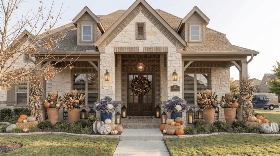 A stone house with a decorated front porch featuring pumpkins, potted plants, autumn wreath, and seasonal foliage arranged for charming fall front porch decor.