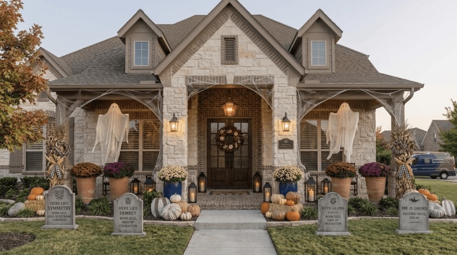 A house decorated for Halloween with ghost figures, pumpkins, flowers, and fake tombstones in the front yard features festive front porch decor to complete the spooky scene.