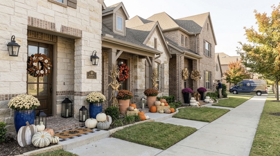 Row of suburban houses decorated with autumn wreaths, pumpkins, and charming front porch decor; potted plants line the porch and sidewalk, while a van is parked further down the street.