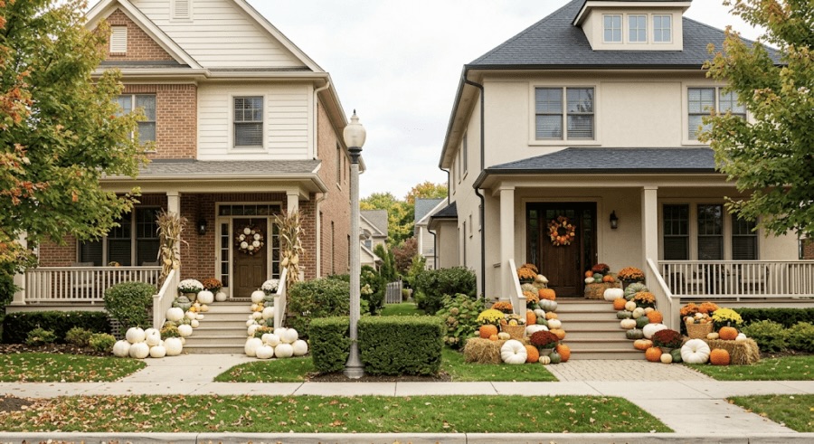 Two neighboring houses with inviting front porch decor for autumn, featuring pumpkins, gourds, and festive wreaths on the doors; trees with green and yellow leaves line the street.