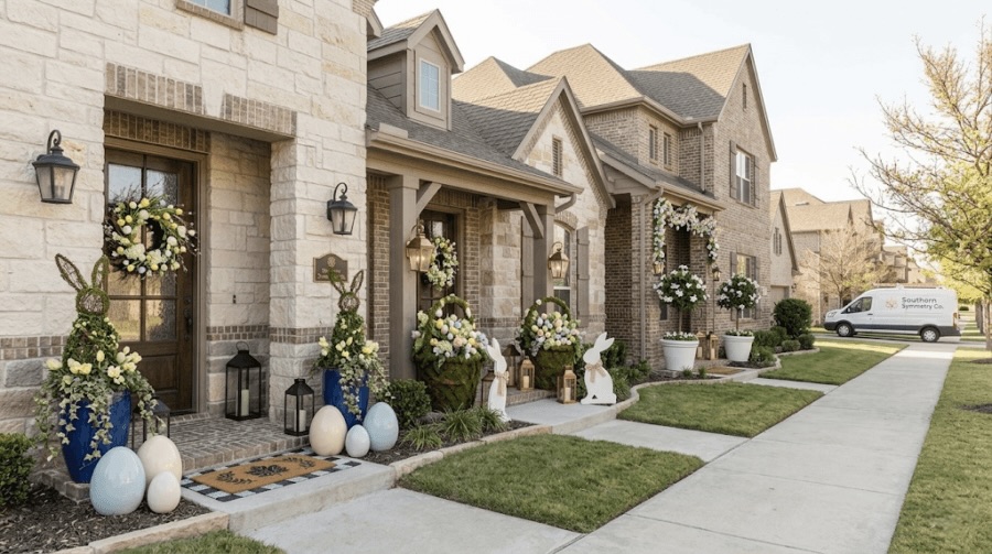 Row of suburban homes with festive Easter front porch decor—wreaths, large eggs, floral arrangements, lanterns, and bunny figures by the doorsteps; a white van is parked on the street.